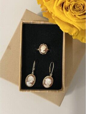 Vintage Cameo Earrings 14K Italy + 10K Ring Shell Cameo Size 4.25